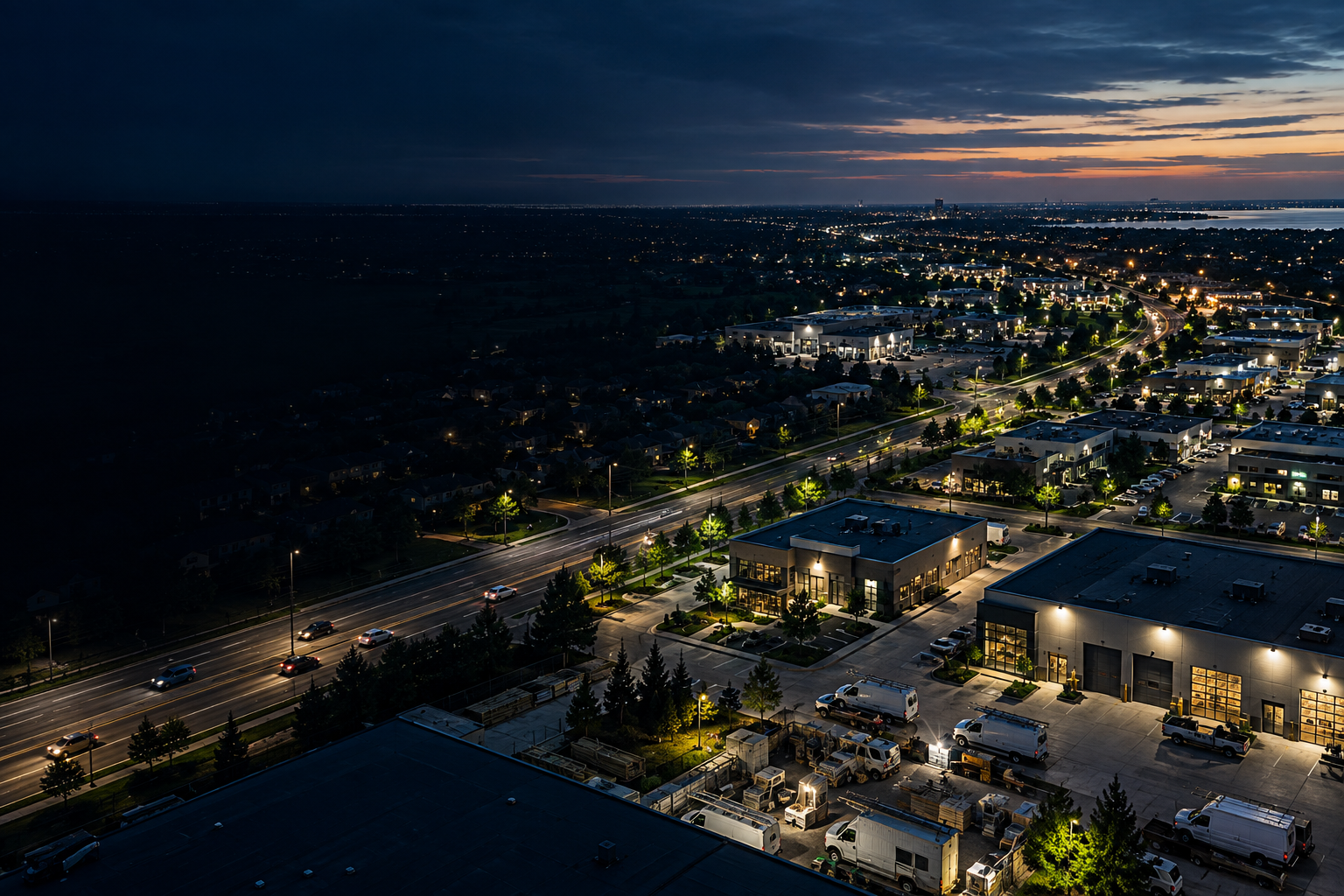 Southern Ontario commercial district and service businesses at dusk
